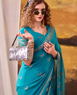 sky blue crepe weaving saree with subtle zari border elegance 4