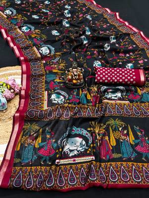 black mul cotton kalamkari print saree with heritage motifs 1
