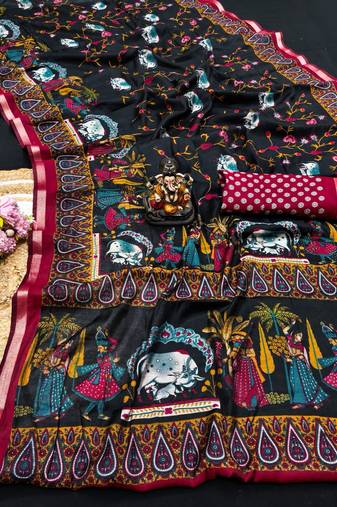 black mul cotton kalamkari print saree with heritage motifs