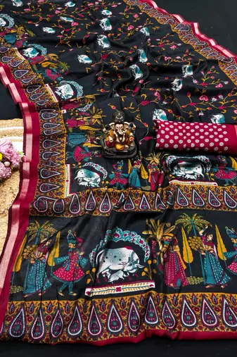 black mul cotton kalamkari print saree with heritage motifs