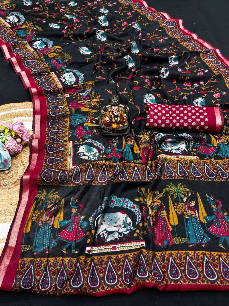 black mul cotton kalamkari print saree with heritage motifs