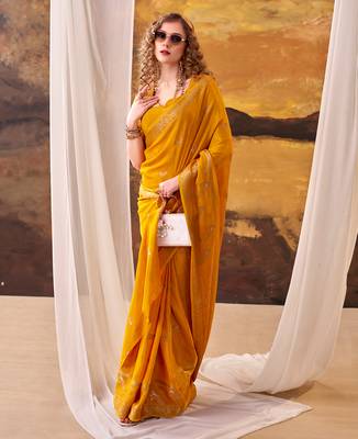 bright yellow crepe weaving saree with  zari accents 1