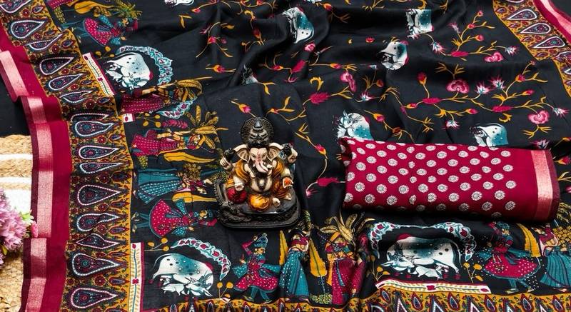 black mul cotton kalamkari print saree with heritage motifs