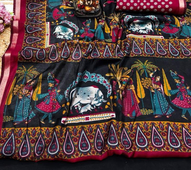 black mul cotton kalamkari print saree with heritage motifs