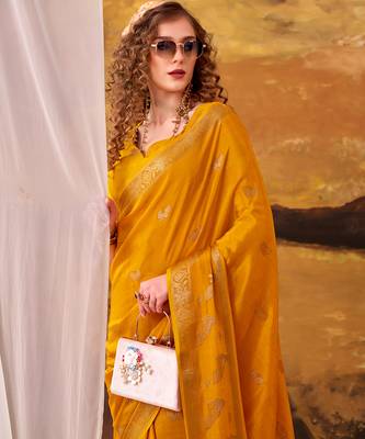 bright yellow crepe weaving saree with  zari accents 2