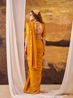 bright yellow crepe weaving saree with  zari accents 3