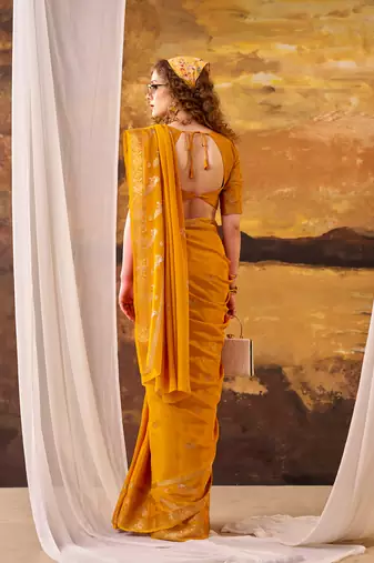 bright yellow crepe weaving saree with  zari accents