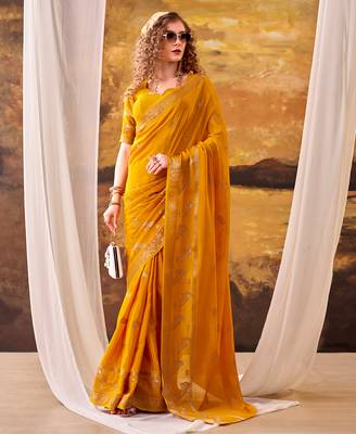 bright yellow crepe weaving saree with  zari accents 4