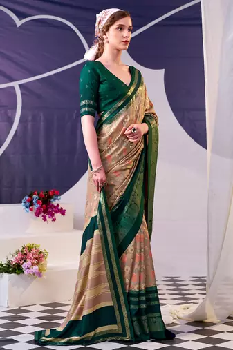 Tasar silk floral printed saree with shimmering foil work