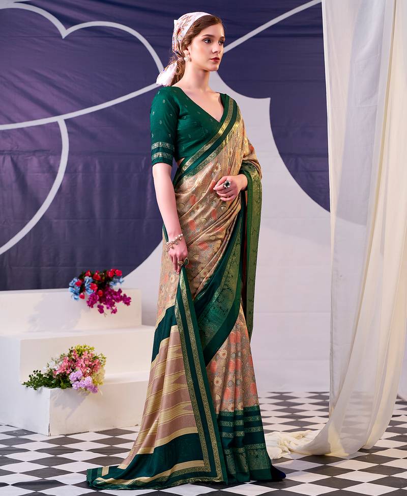 Tasar silk floral printed saree with shimmering foil work