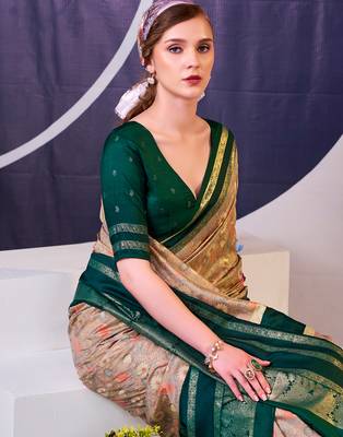green tussar silk saree with floral prints and subtle foil shine 2