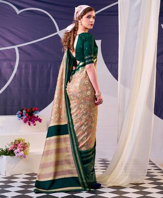 green tussar silk saree with floral prints and subtle foil shine 3