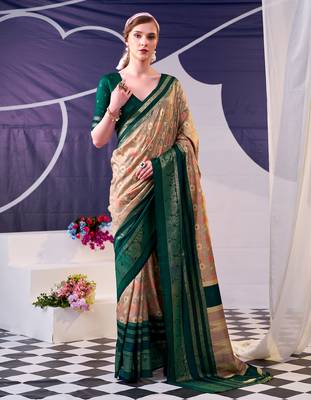 green tussar silk saree with floral prints and subtle foil shine 4