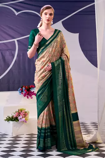 green tussar silk saree with floral prints and subtle foil shine