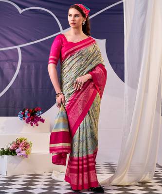 rani pink & olive green tussar silk saree with floral print and foil detailing 1