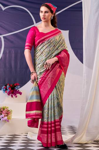 Tasar silk floral printed saree with shimmering foil work