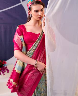 rani pink & olive green tussar silk saree with floral print and foil detailing 2