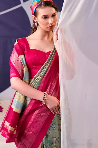 rani pink & olive green tussar silk saree with floral print and foil detailing
