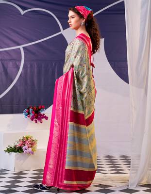 rani pink & olive green tussar silk saree with floral print and foil detailing 3