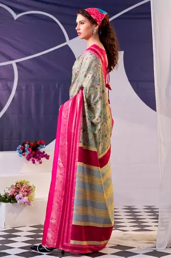 rani pink & olive green tussar silk saree with floral print and foil detailing