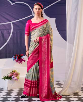 rani pink & olive green tussar silk saree with floral print and foil detailing 4