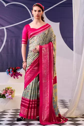 rani pink & olive green tussar silk saree with floral print and foil detailing