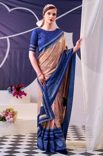 Tasar silk floral printed saree with shimmering foil work