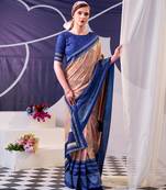 navy blue tussar silk saree with floral print & foil work elegance