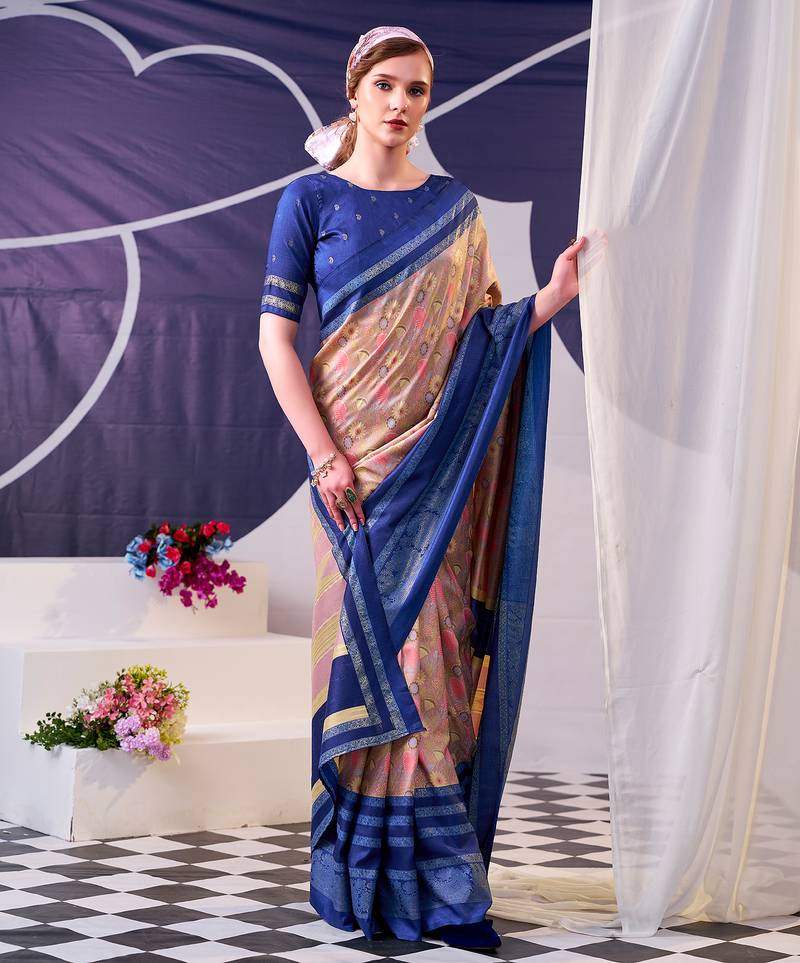 Tasar silk floral printed saree with shimmering foil work