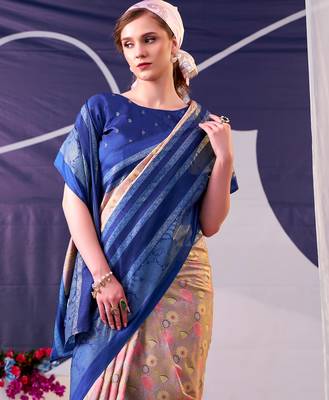 navy blue tussar silk saree with floral print & foil work elegance 2