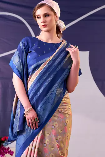navy blue tussar silk saree with floral print & foil work elegance