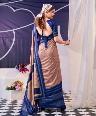 navy blue tussar silk saree with floral print & foil work elegance 3