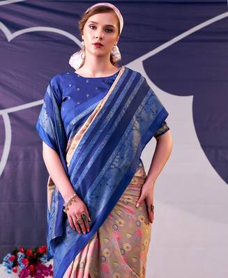 navy blue tussar silk saree with floral print & foil work elegance 4
