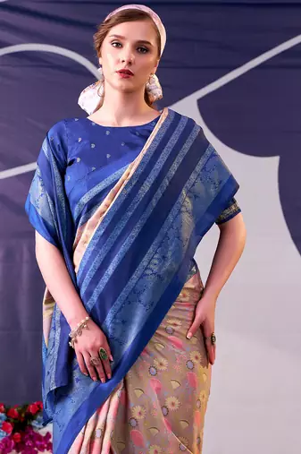 navy blue tussar silk saree with floral print & foil work elegance