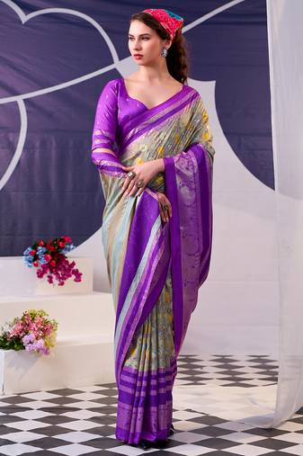 Tasar silk floral printed saree with shimmering foil work