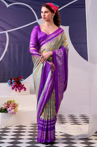 Tasar silk floral printed saree with shimmering foil work
