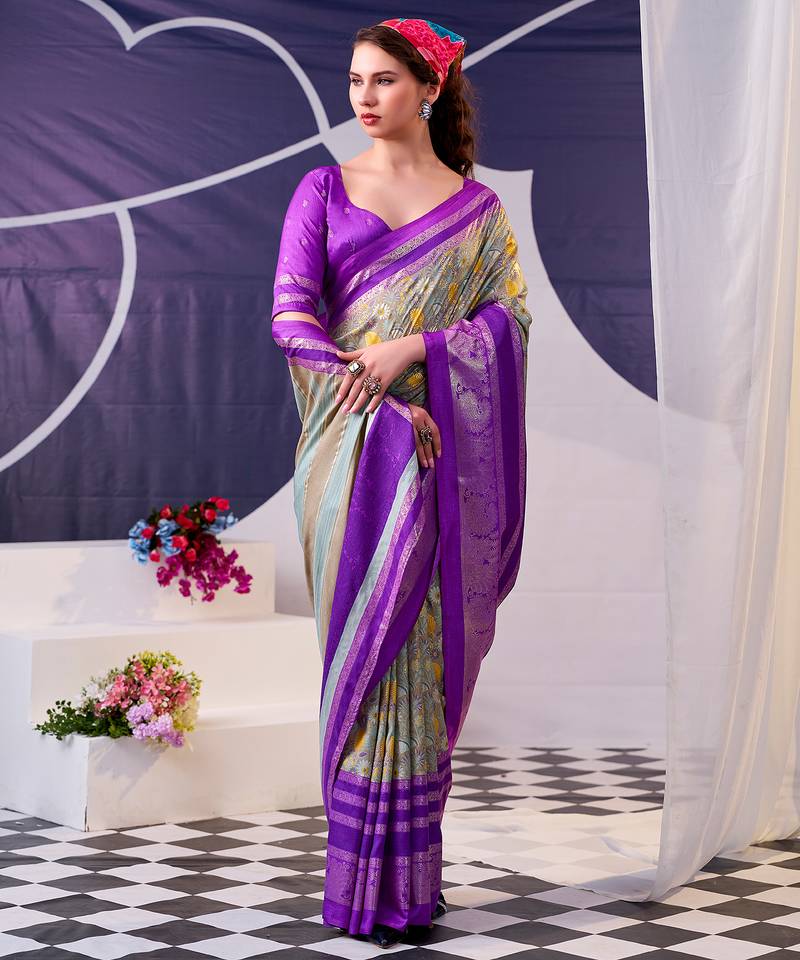 Tasar silk floral printed saree with shimmering foil work
