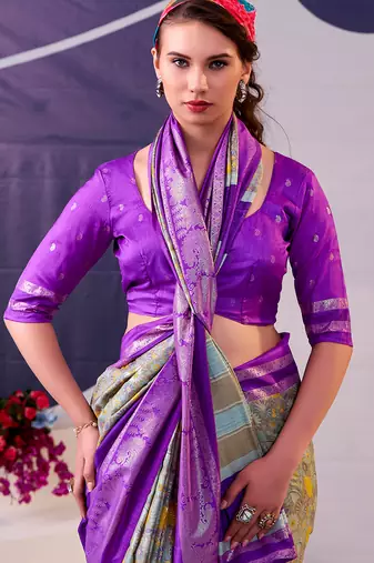 lavender tussar silk saree with floral print & foil detailing