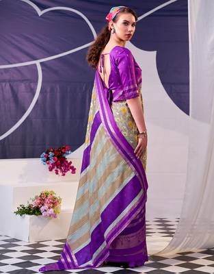 lavender tussar silk saree with floral print & foil detailing 3