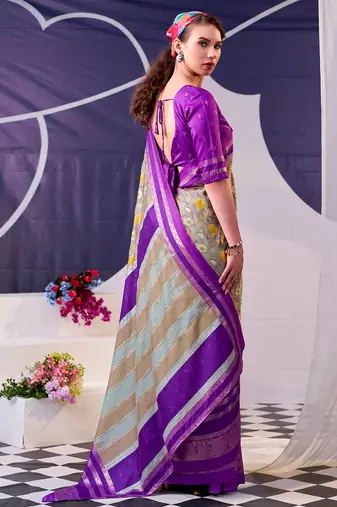 lavender tussar silk saree with floral print & foil detailing