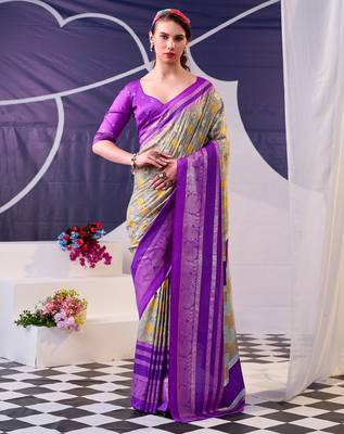 lavender tussar silk saree with floral print & foil detailing 4