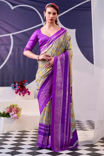 lavender tussar silk saree with floral print & foil detailing