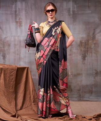 black satin silk saree with bold printed border 1