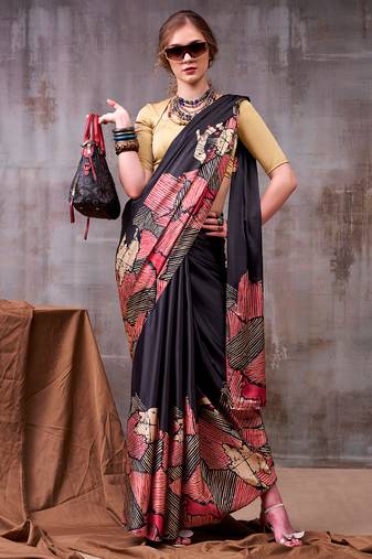 Premium satin silk floral printed saree for women