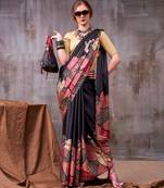 black satin silk saree with bold printed border