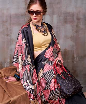 black satin silk saree with bold printed border 2