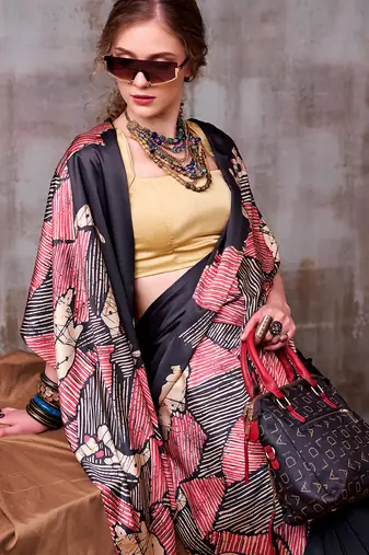 black satin silk saree with bold printed border
