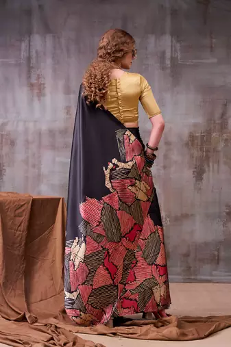 black satin silk saree with bold printed border