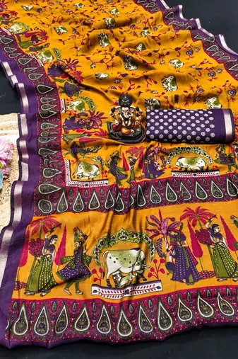 yellow mul cotton kalamkari print saree with traditional border