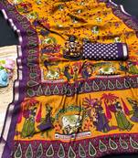 yellow mul cotton kalamkari print saree with traditional border